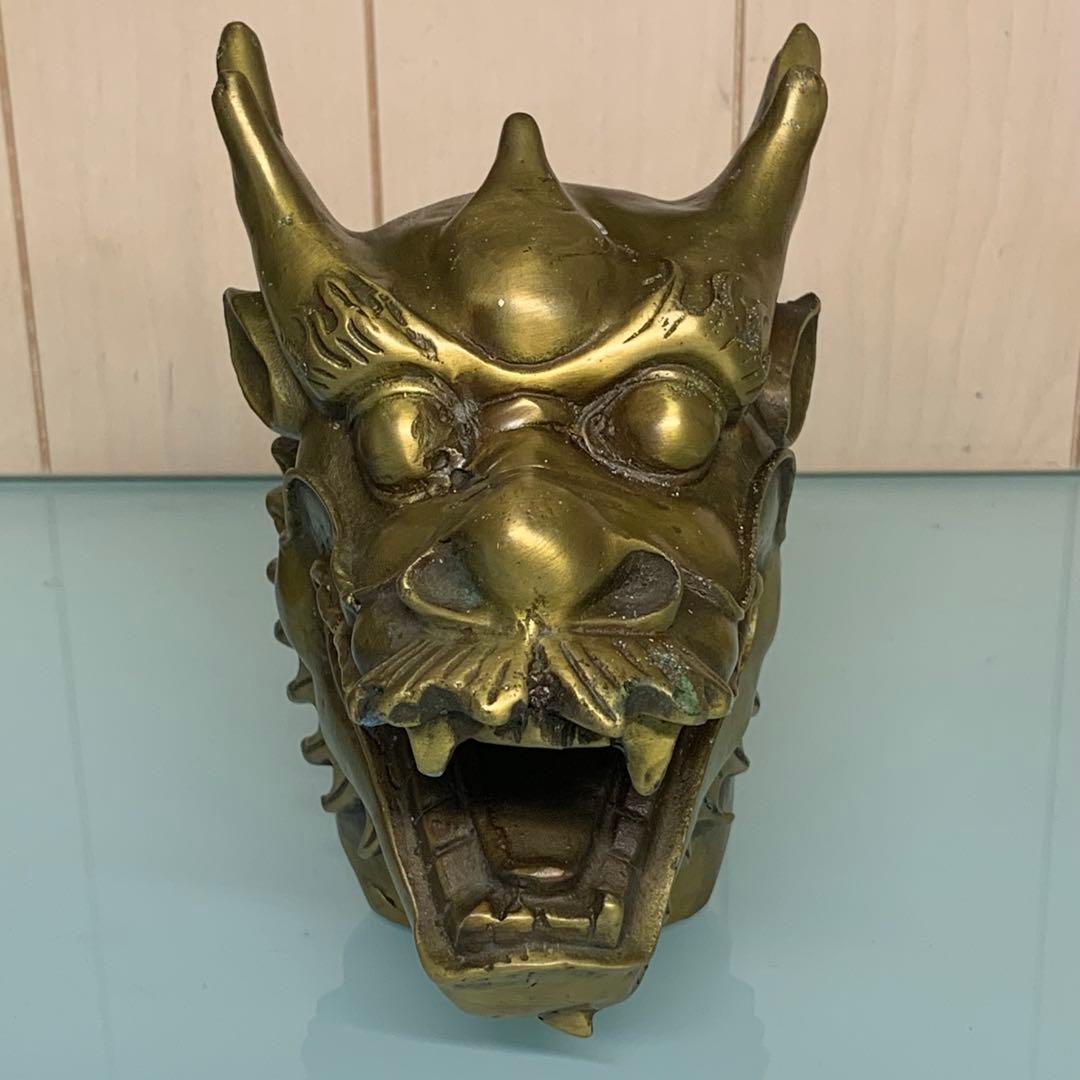 縁起物　文房具　純銅製の龍頭　龍の彫刻　文鎮　置物　時代物　古美術