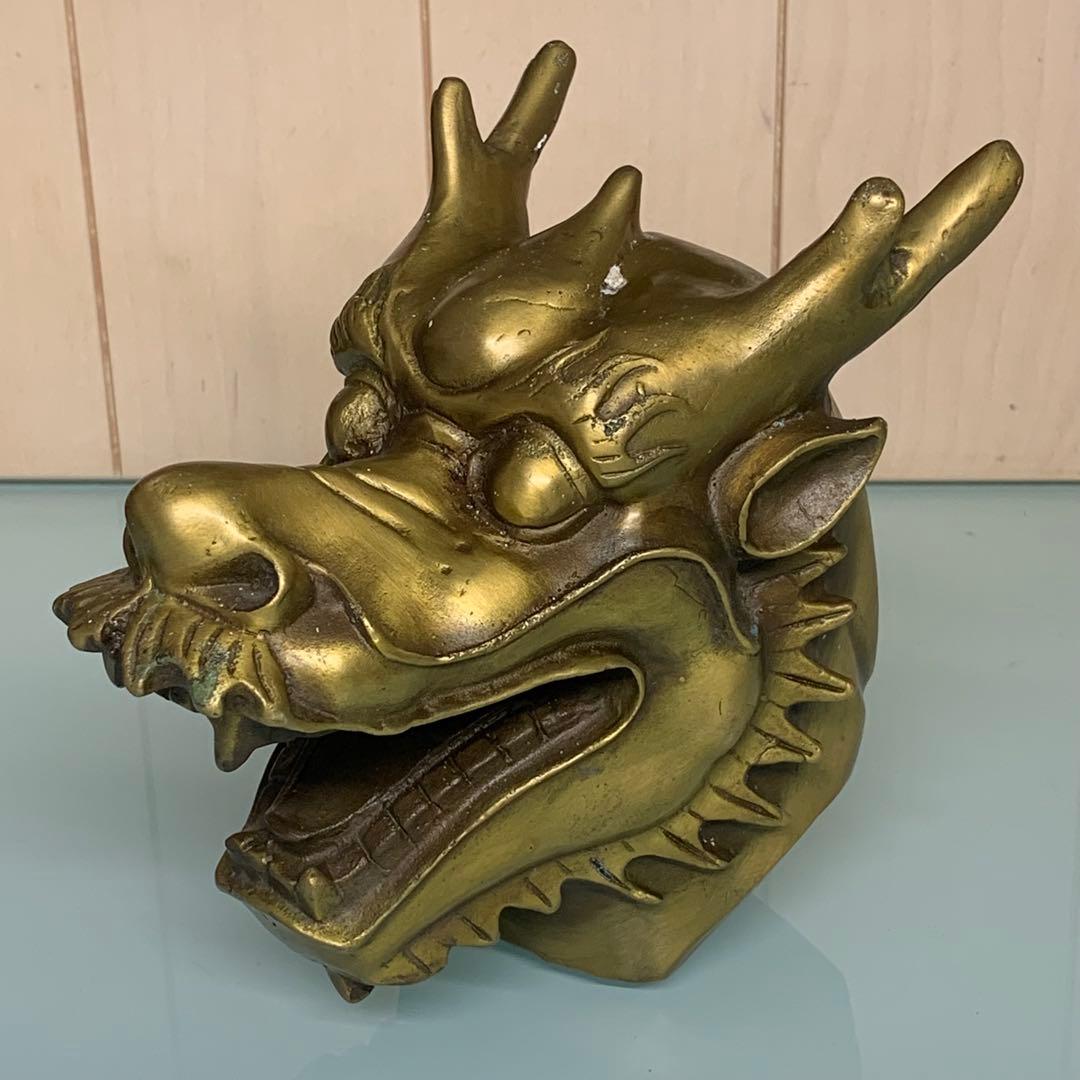 縁起物　文房具　純銅製の龍頭　龍の彫刻　文鎮　置物　時代物　古美術