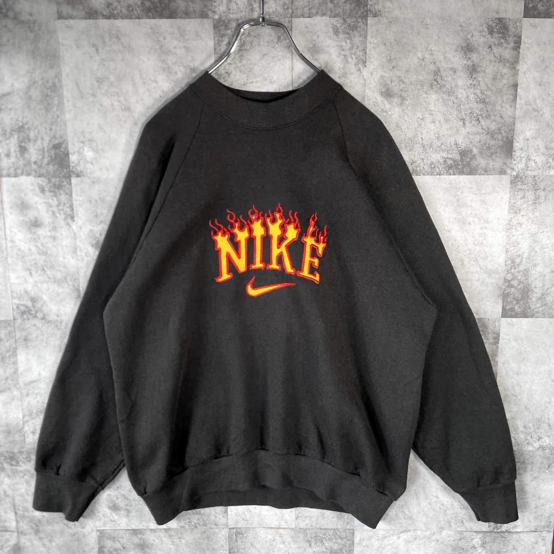 NIKE ファイヤーパターン 刺繍ロゴ スウェット USA製 古着 XL 黒