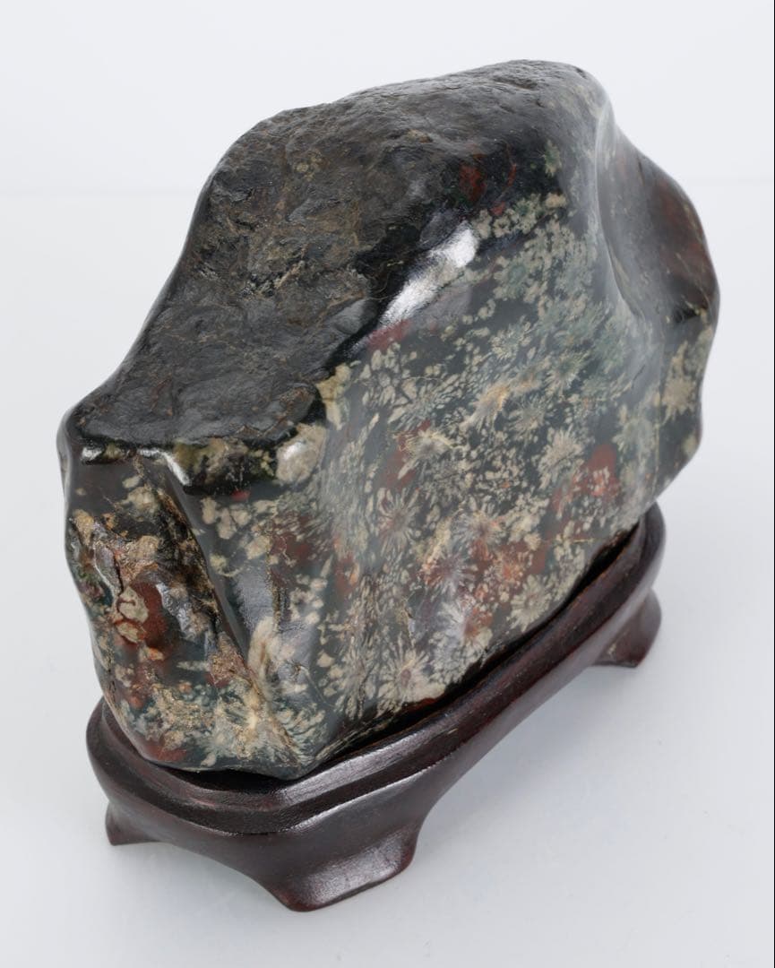 あ*げ様 根尾川産 六華　菊花石 小菊明瞭 台座・共箱付 鑑賞石 盆石 紋石 原