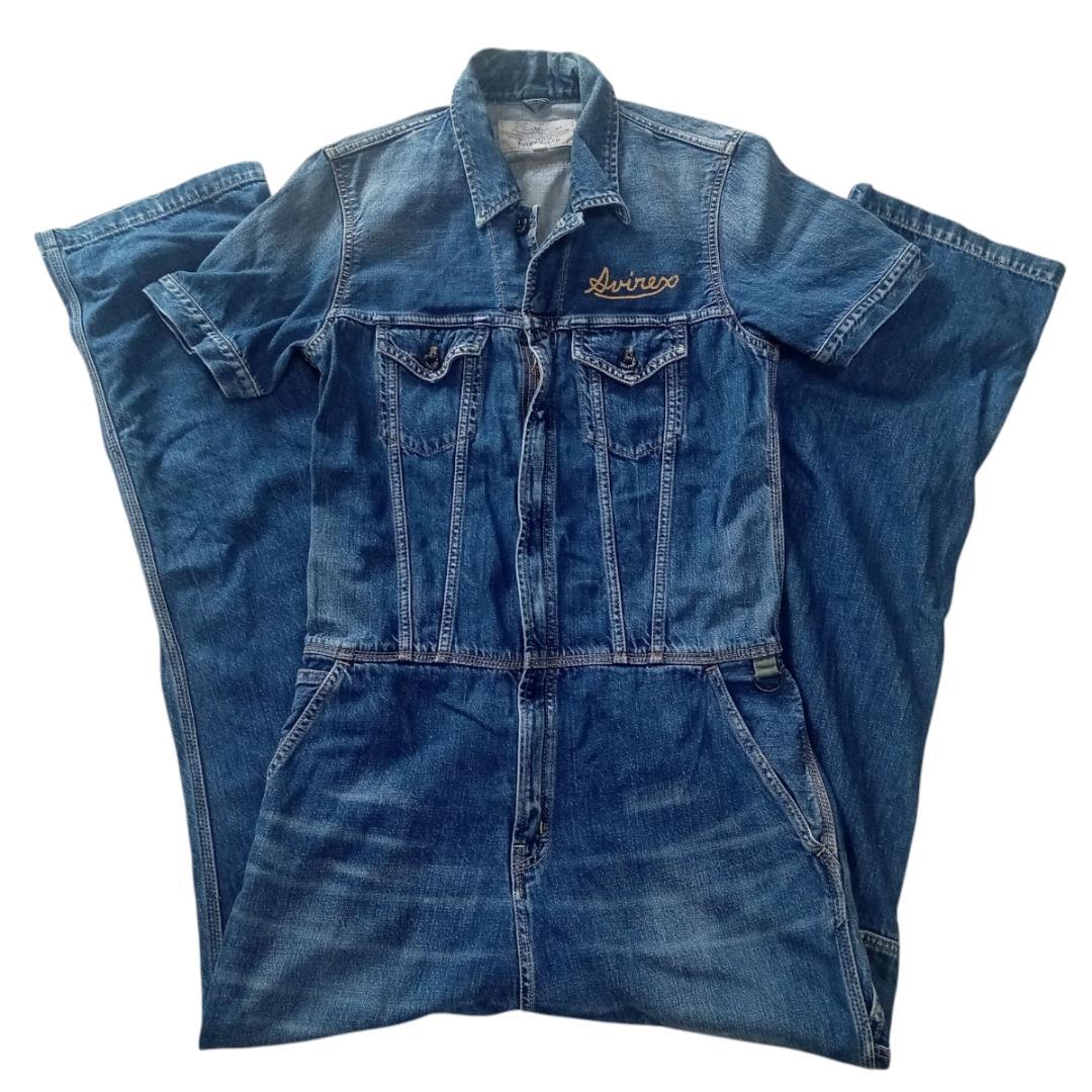 良品 AVIREX アヴィレックス 半袖 デニム オールインワン つなぎ M