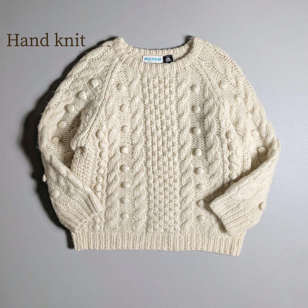 ヴィンテージ 手編みハンドメイドフィッシャーマンニット／アランニットホワイト　白