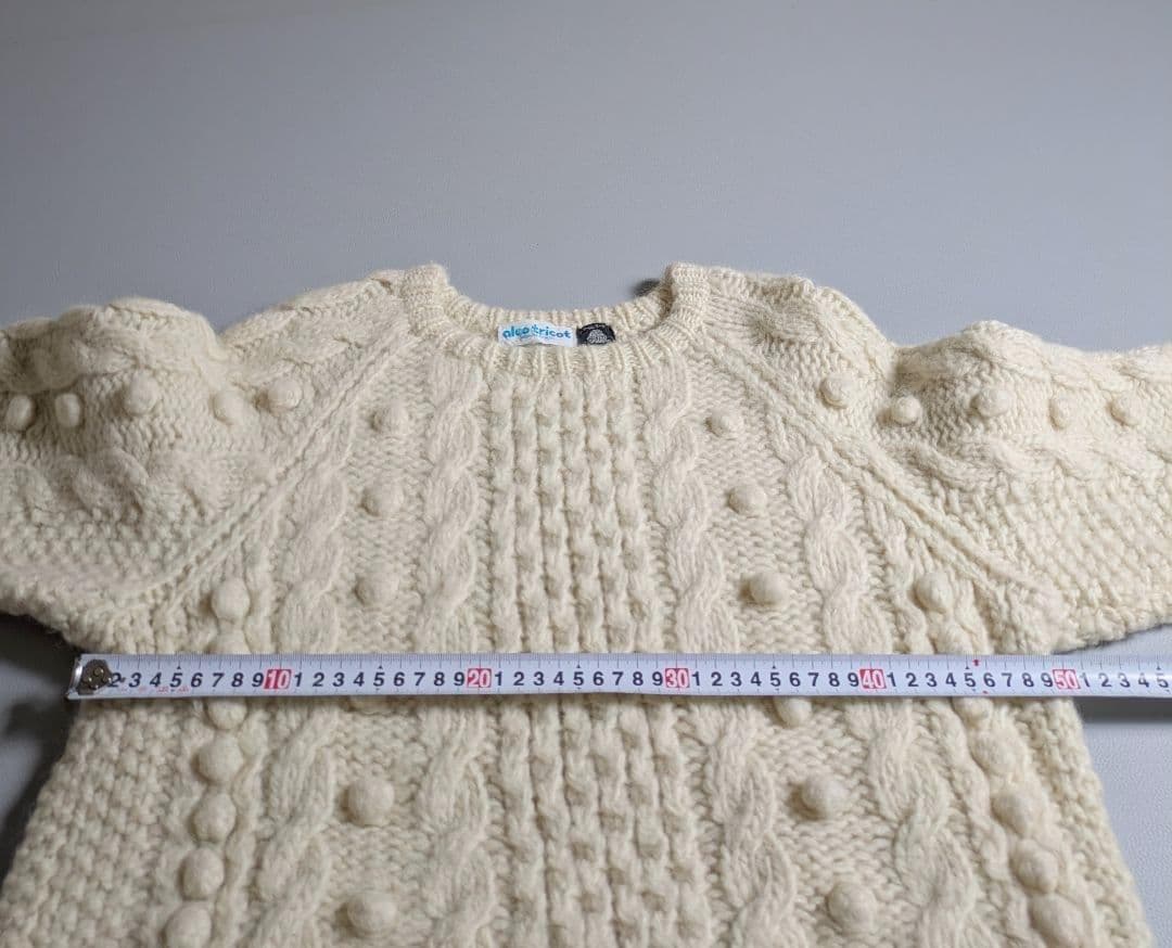 ヴィンテージ 手編みハンドメイドフィッシャーマンニット／アランニットホワイト　白