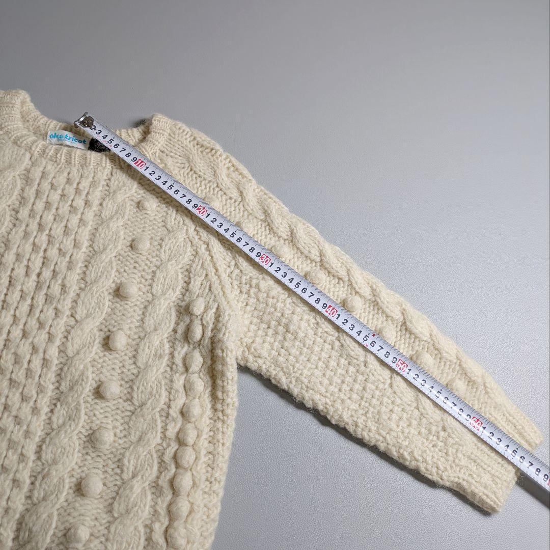 ヴィンテージ 手編みハンドメイドフィッシャーマンニット／アランニットホワイト　白