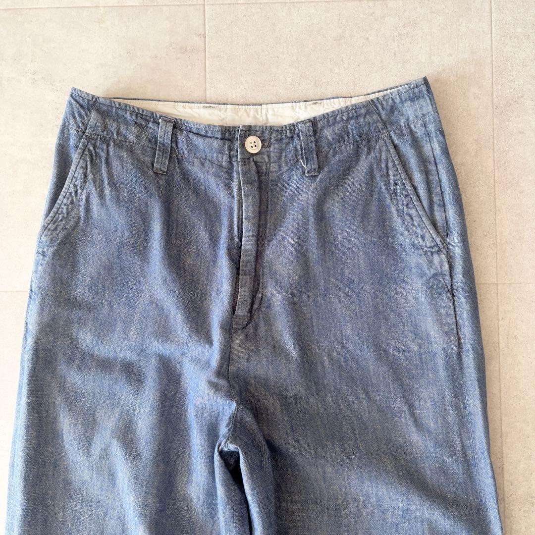 45R ダンガリーデニムバックリワイドパンツ 3 藍色 刺繍 貝ボタン