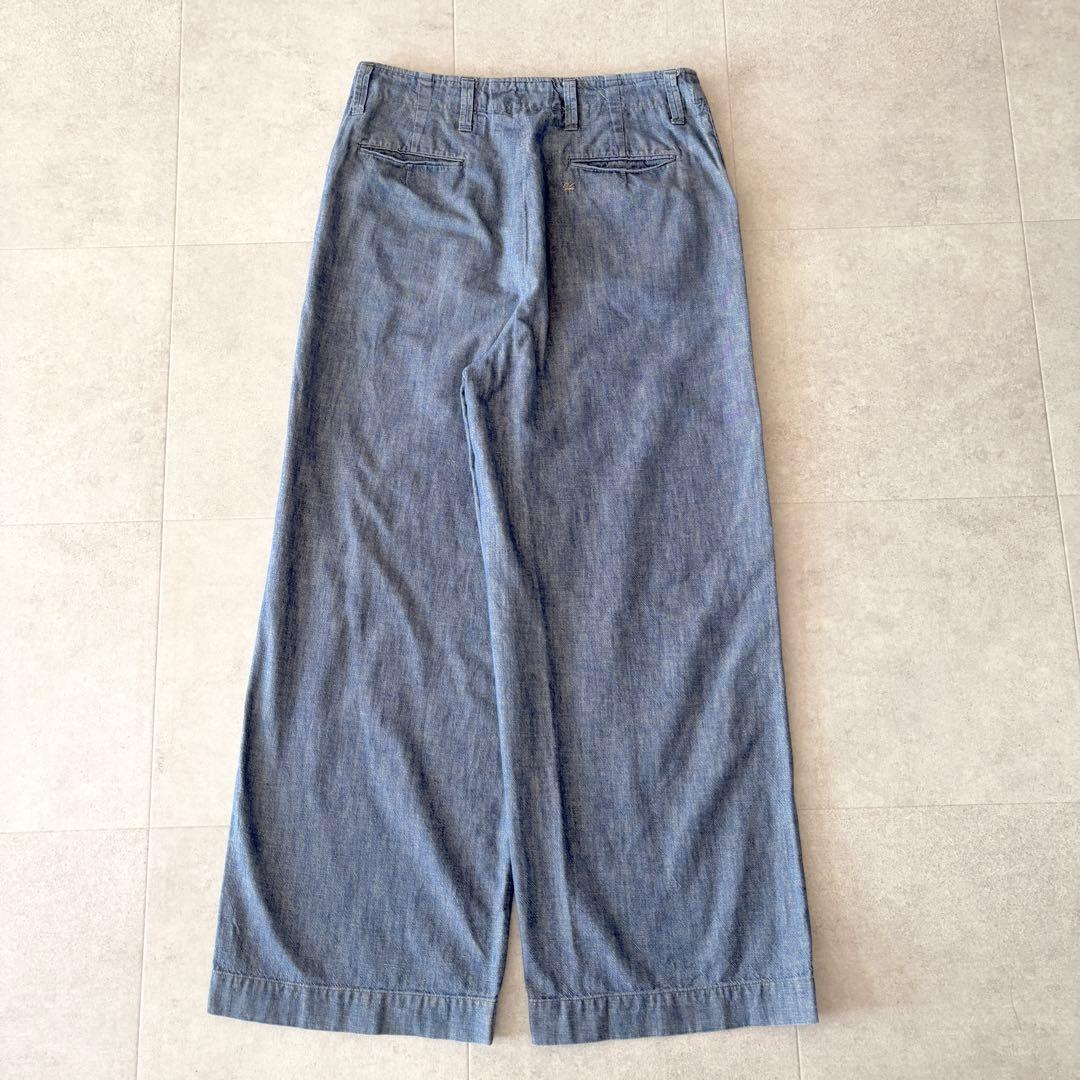 45R ダンガリーデニムバックリワイドパンツ 3 藍色 刺繍 貝ボタン