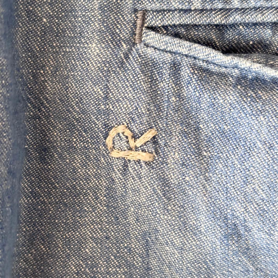 45R ダンガリーデニムバックリワイドパンツ 3 藍色 刺繍 貝ボタン