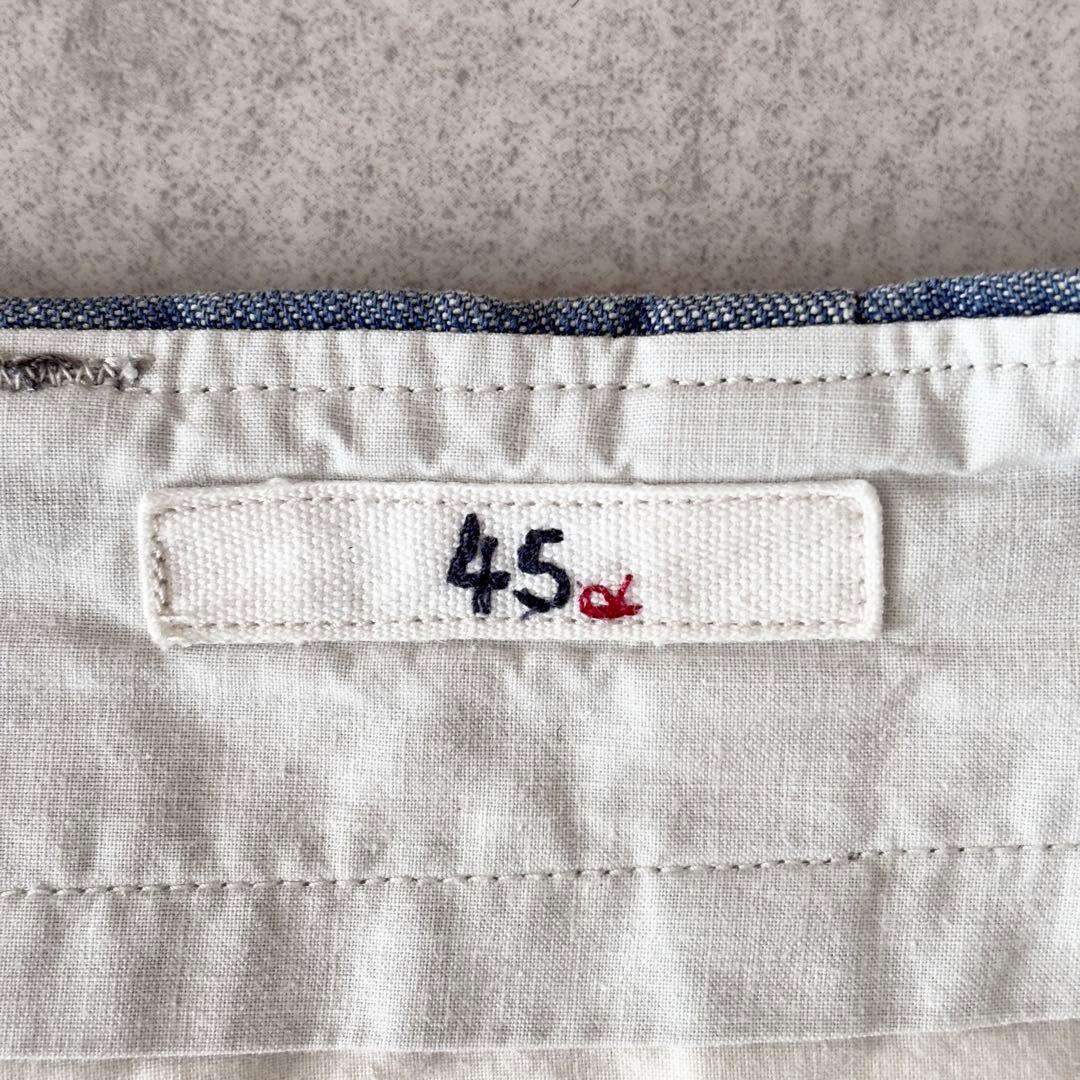 45R ダンガリーデニムバックリワイドパンツ 3 藍色 刺繍 貝ボタン