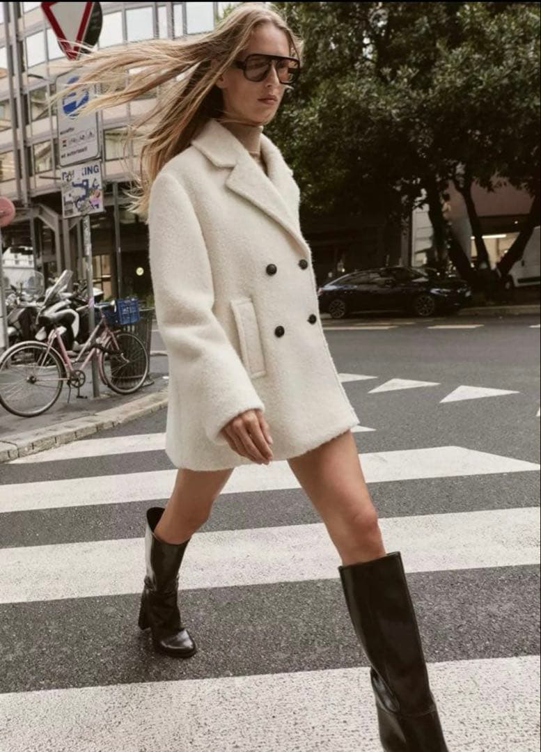 【即発送】ZARA ブークレダブルブレストミディ丈コート