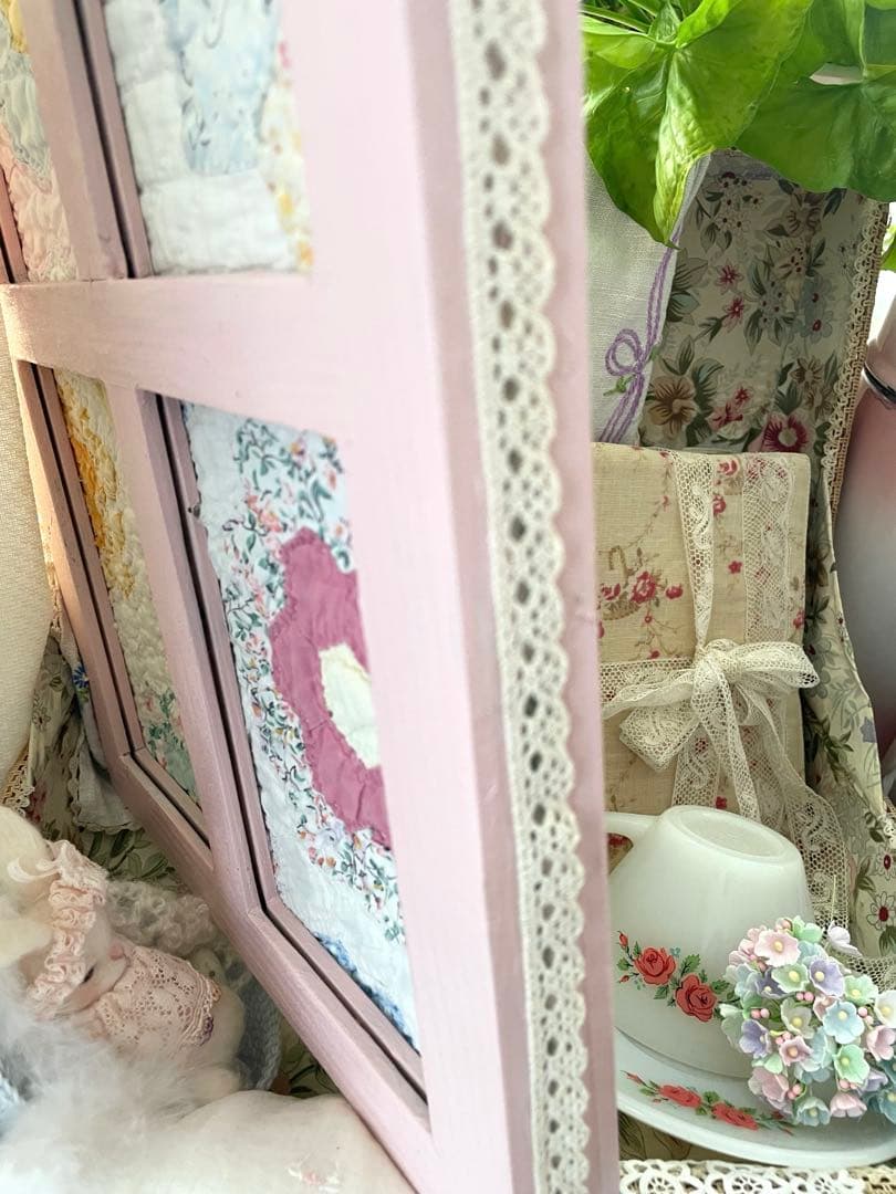 アンティークキルト 窓枠フレーム リバーシブル♡ピンク·͜· ♡