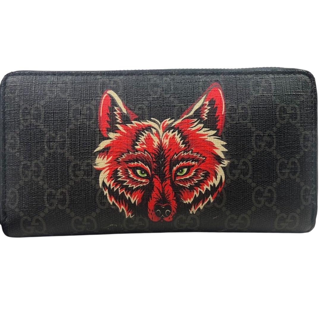 GUCCI グッチ 長財布 ウルフ GGスプリーム ラウンド ブラック