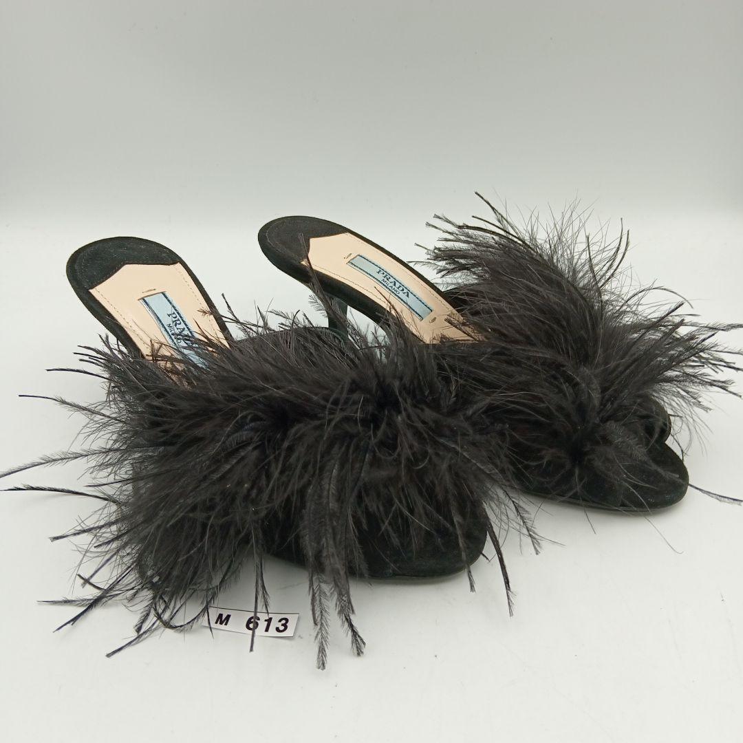 M613B プラダ フェザーファー ミュール 35 約22.5cm ブラック