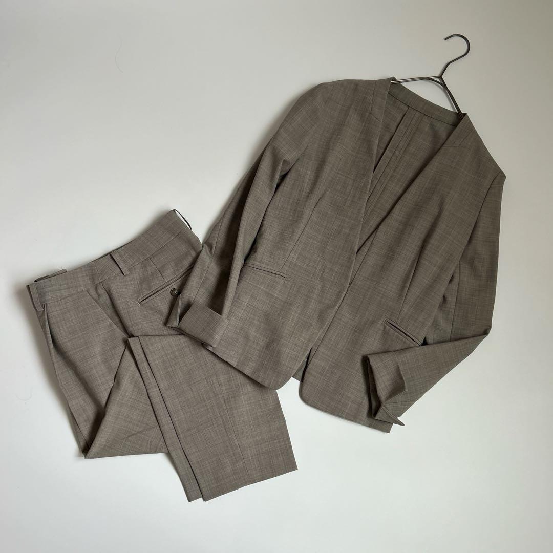 グリーンレーベルリラクシング　ノーカラー　テーパードパンツ　スーツ　　ストレッチ