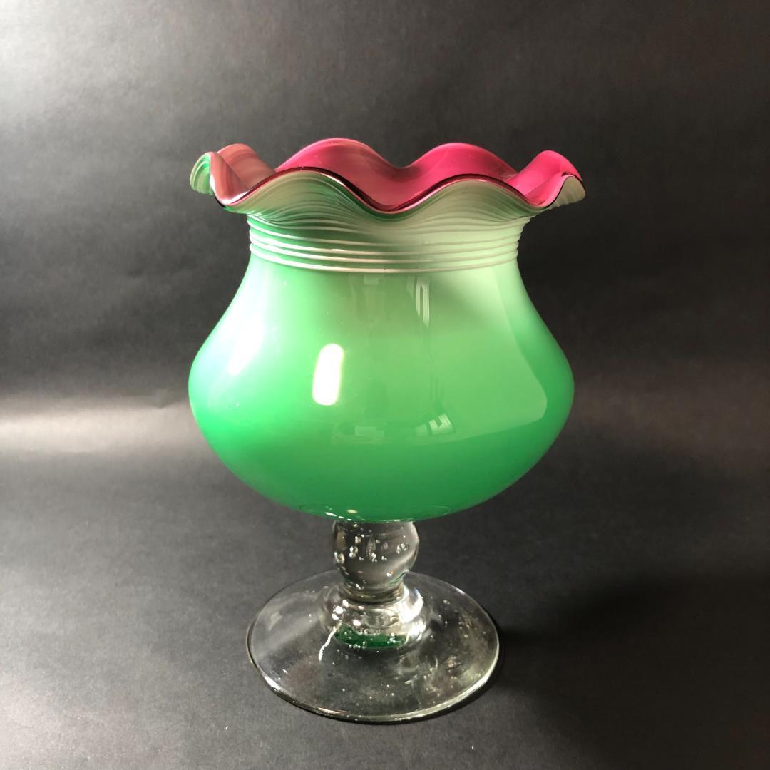 レトロガラス　三色ガラス　コンポート　フリルガラス　脚付きコンポート