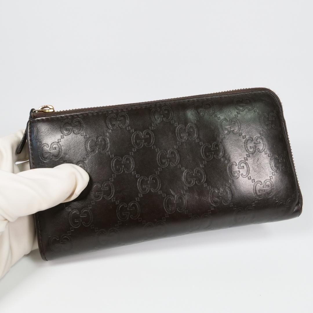 美品✨グッチ 長財布 シマ レザー GG柄 L字ファスナー ダークブラウン