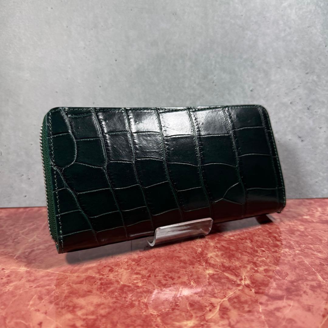 新品 クロコダイル 長財布 ダークグリーン 本革 ワニ革 シルバーファスナー