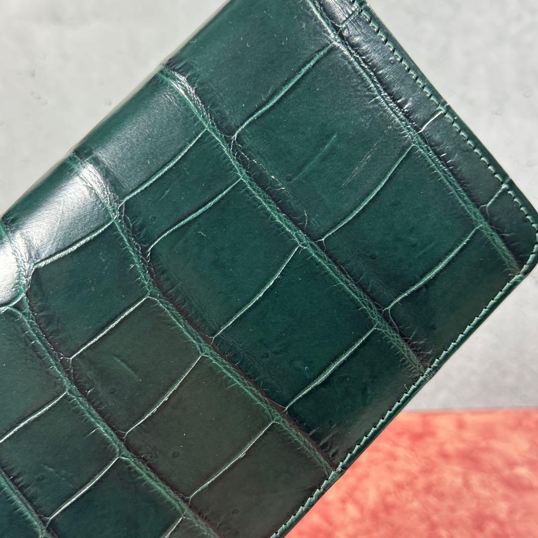 新品 クロコダイル 長財布 ダークグリーン 本革 ワニ革 シルバーファスナー