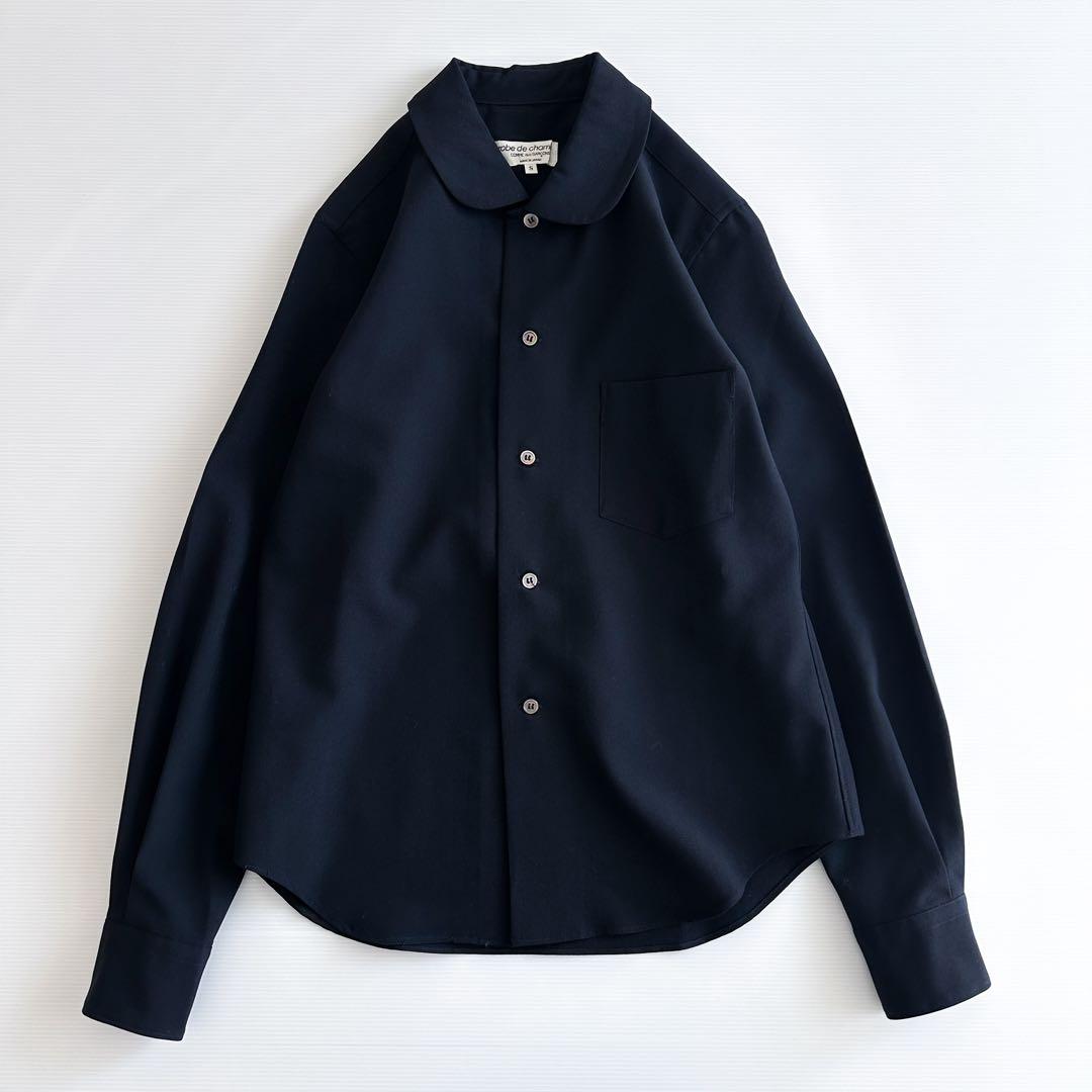 【美品】ローブドシャンブル コムデギャルソン / ウール丸襟シャツ 紺 S