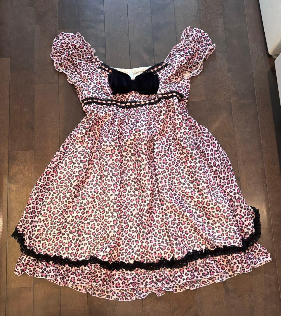 Tralala ピンクリボン キャミソール スリップワンピースドレス レオパード