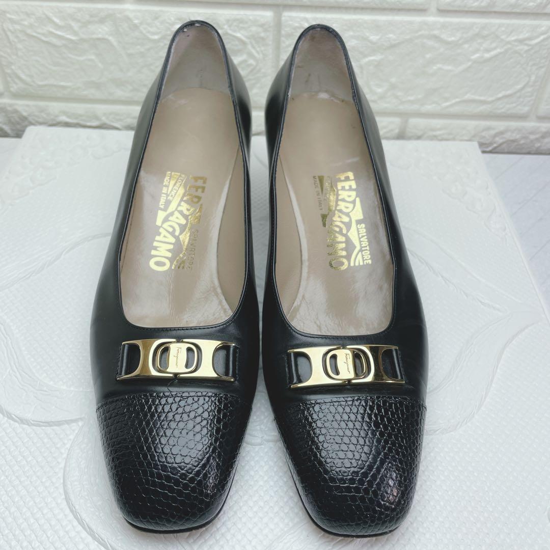 サルヴァトーレフェラガモ レディース チャンキーヒール パンプス【24.0】黒