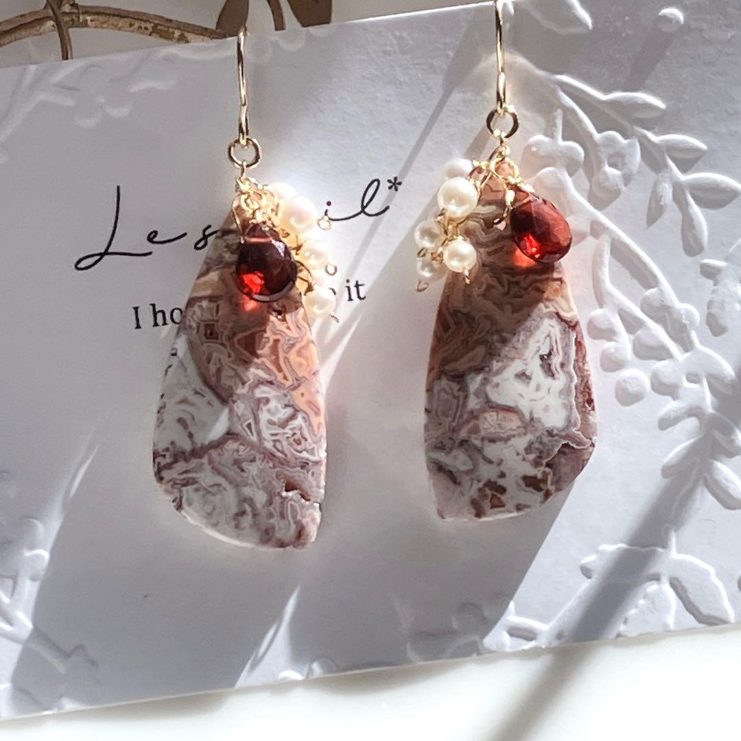 tama◆一点物✧ピンククレージーレースアゲート×ガーネットピアス