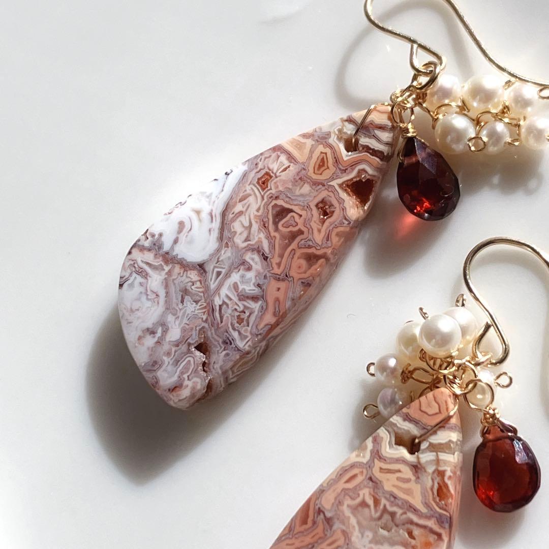 tama◆一点物✧ピンククレージーレースアゲート×ガーネットピアス