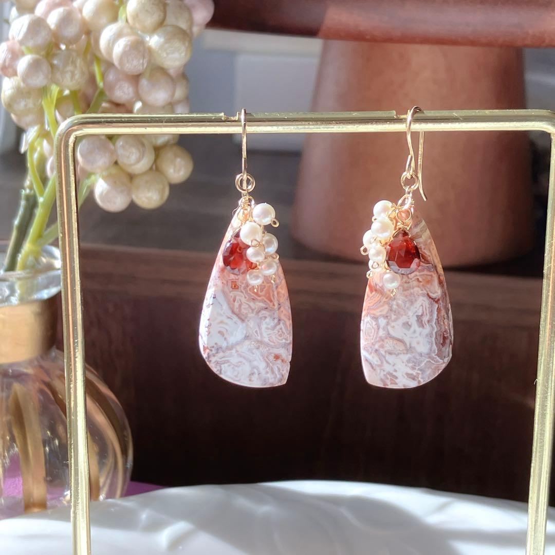 tama◆一点物✧ピンククレージーレースアゲート×ガーネットピアス