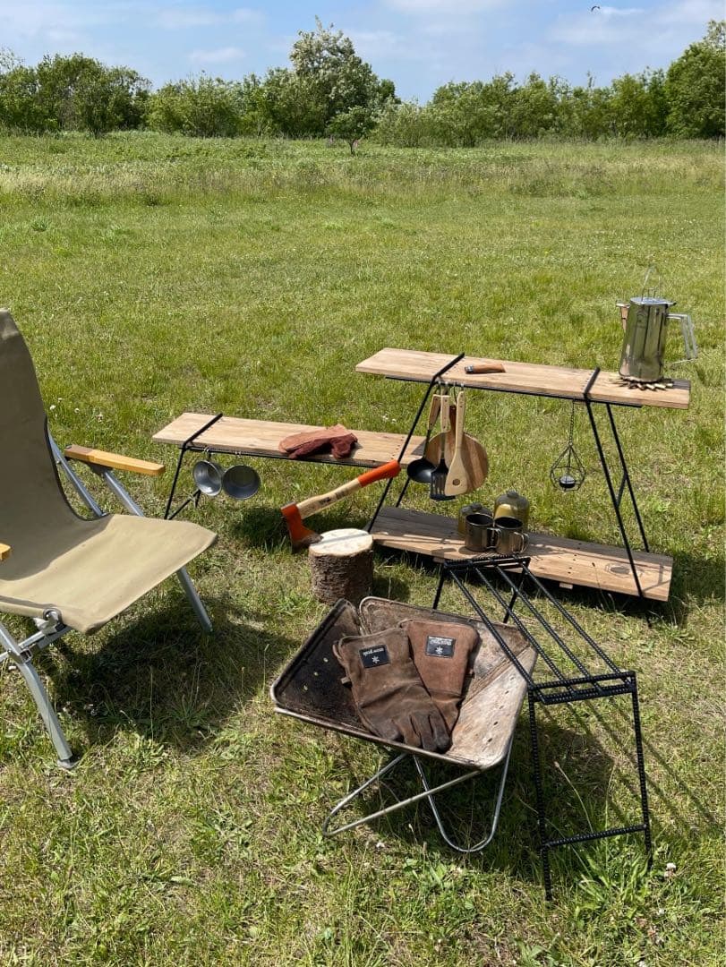 吊り下げ３段シェルフ70 アンティークウッド　アイアンラック/レッグ　キャンプ