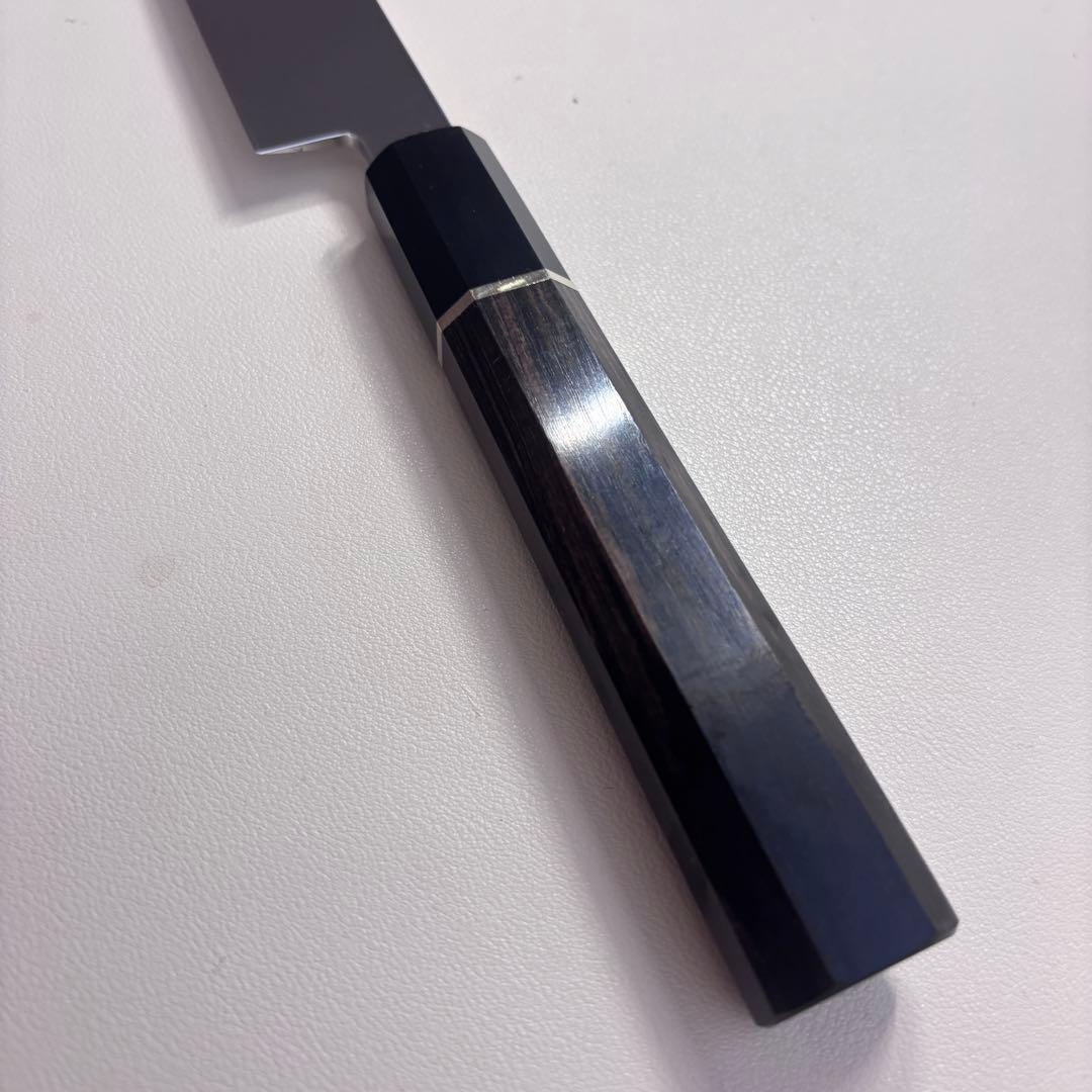270mm 切付柳刃包丁 鏡面　黒檀黒水牛八角柄 刺身包丁 【全鋼】'鞘付き