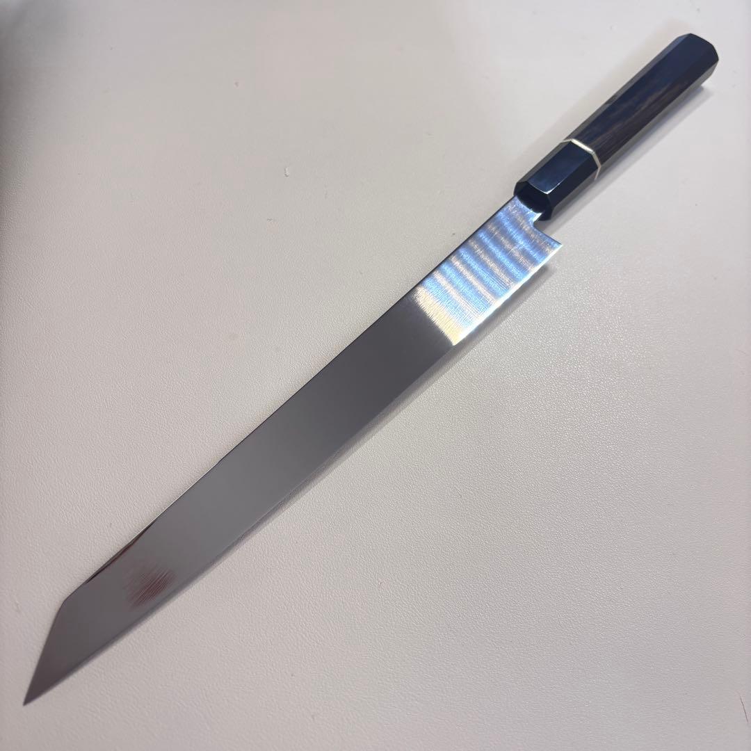 270mm 切付柳刃包丁 鏡面　黒檀黒水牛八角柄 刺身包丁 【全鋼】'鞘付き