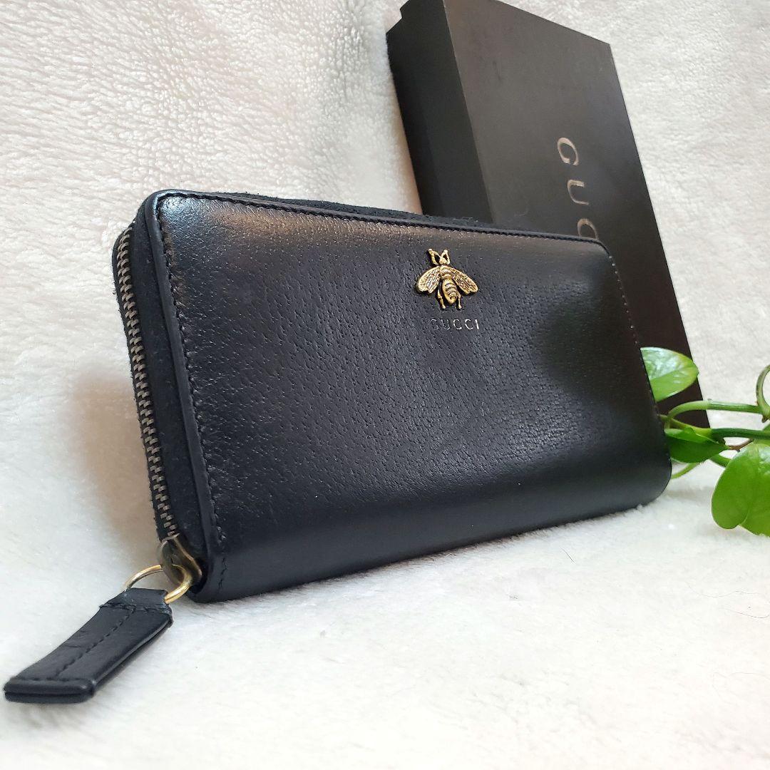 美品 GUCCI 長財布 アニマリエ 蜂 ビー レザー ブラック　ラウンドジップ