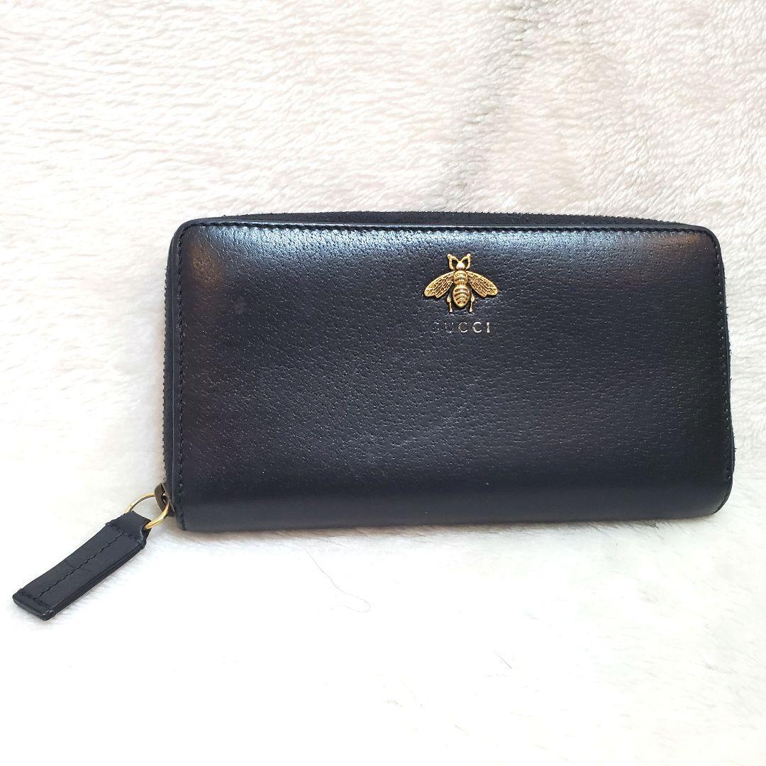 美品 GUCCI 長財布 アニマリエ 蜂 ビー レザー ブラック　ラウンドジップ