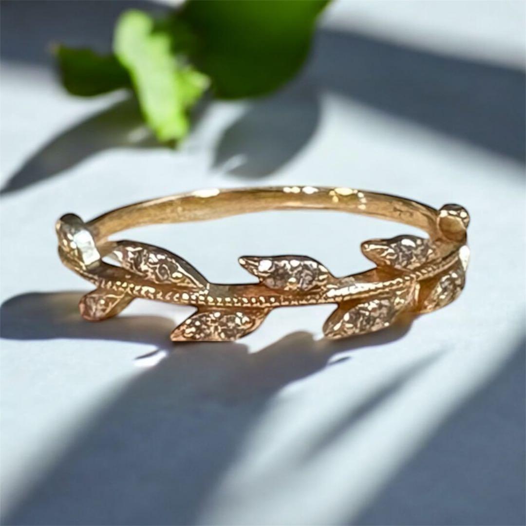 ageteアガット 月桂樹ローレルリーフ K10ダイヤ 11号　重ね付け