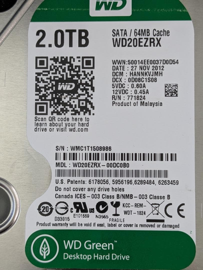 WD Green 2TB WD20EZRX 中古品 送料込み
