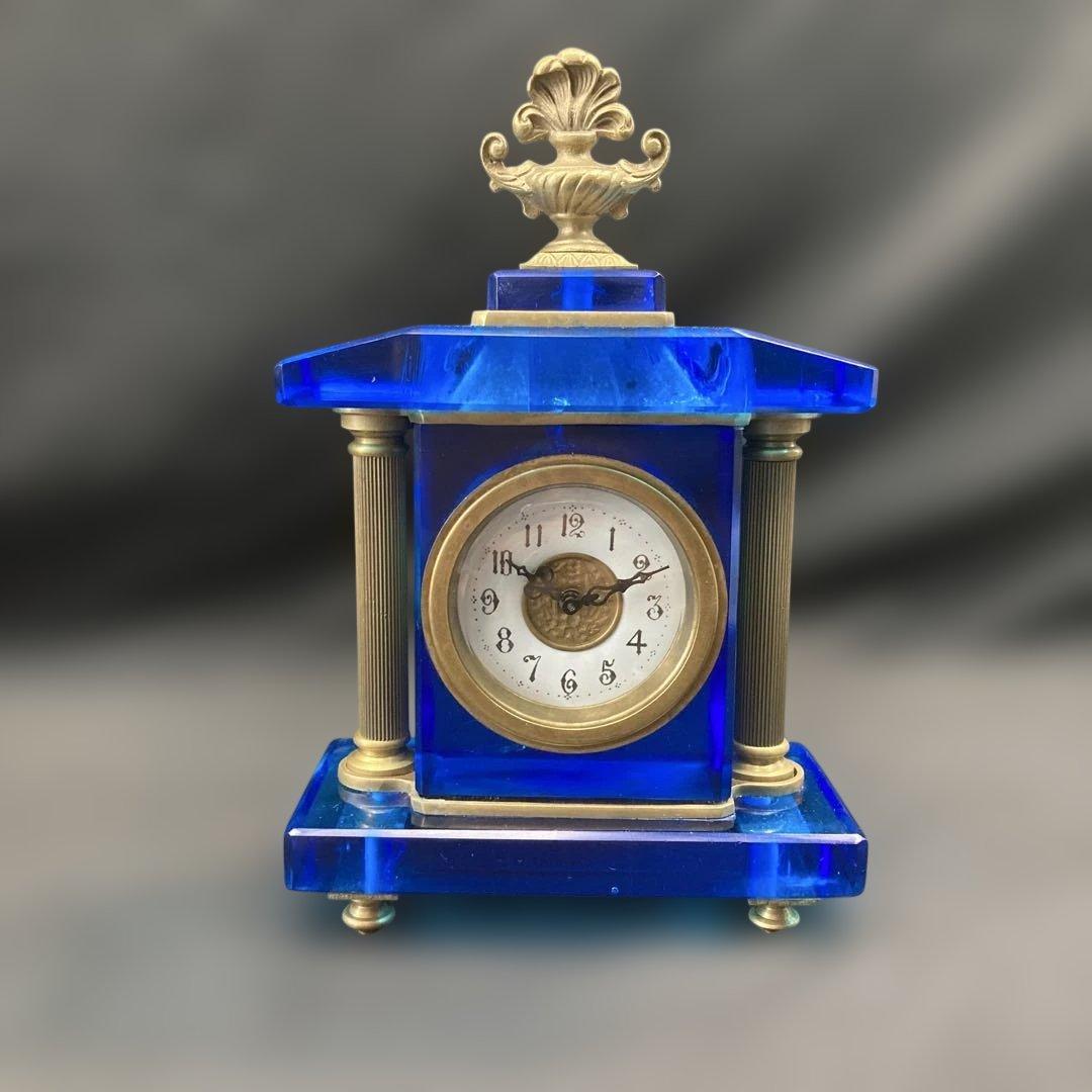 宮型置き時計 手巻き可動 瑠璃光ガラス レトロ時計
