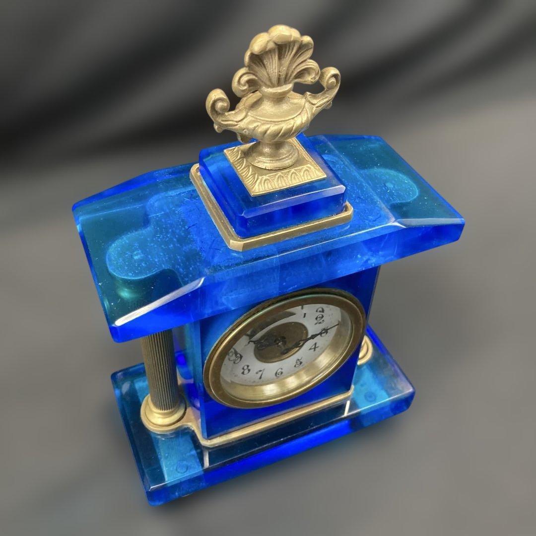 宮型置き時計 手巻き可動 瑠璃光ガラス レトロ時計