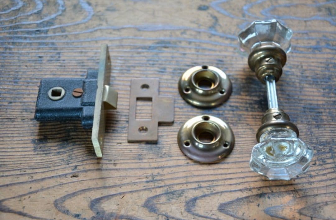 大正ロマン 古いガラスのドアノブ 空錠 48mm 未使用 デッドストック