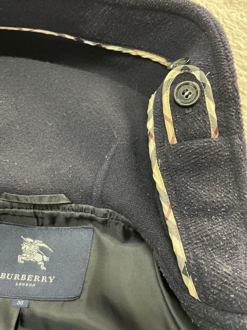 バーバリーロンドン ダッフルコート ヘリンボーン ロゴボタン ロング 紺 38