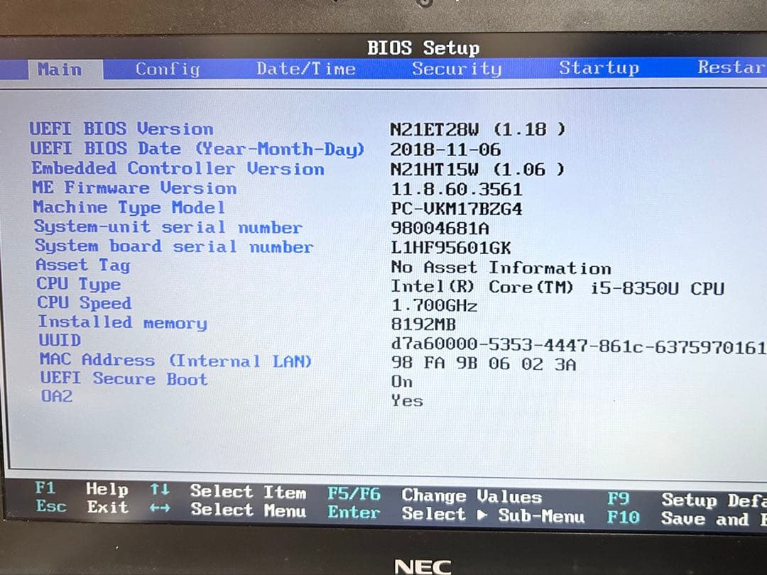 【良品】NEC ノートパソコン【第8世代i5/8GB/256GB】