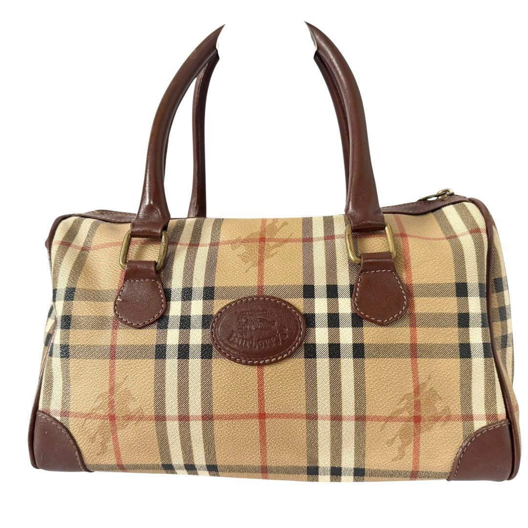 【美品】バーバリー PVC レザー ミニボストンバッグ ノバチェック ホースロゴ