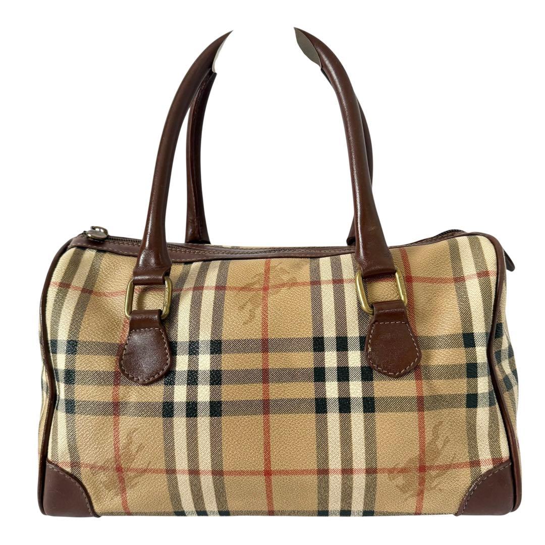 【美品】バーバリー PVC レザー ミニボストンバッグ ノバチェック ホースロゴ