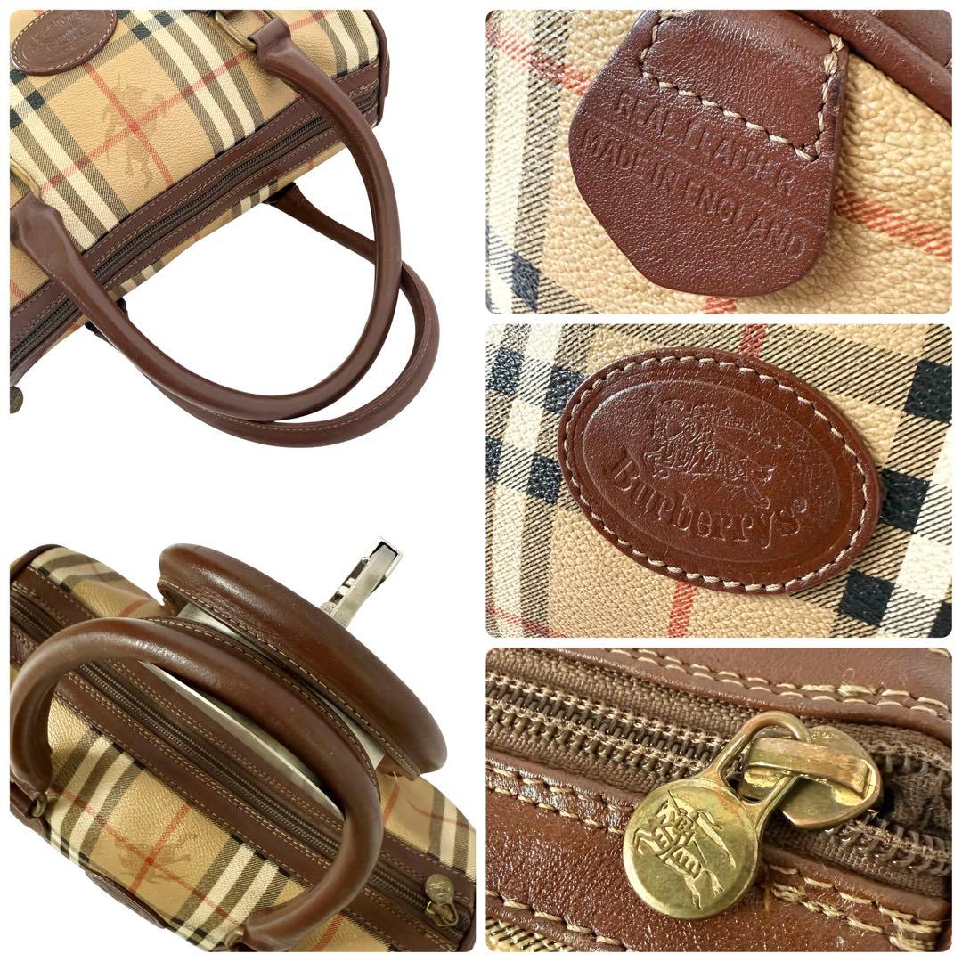 【美品】バーバリー PVC レザー ミニボストンバッグ ノバチェック ホースロゴ