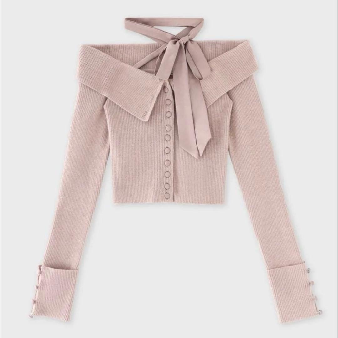 M me eme エムミーエメ デコルテリボンオフショルダーニットトップス