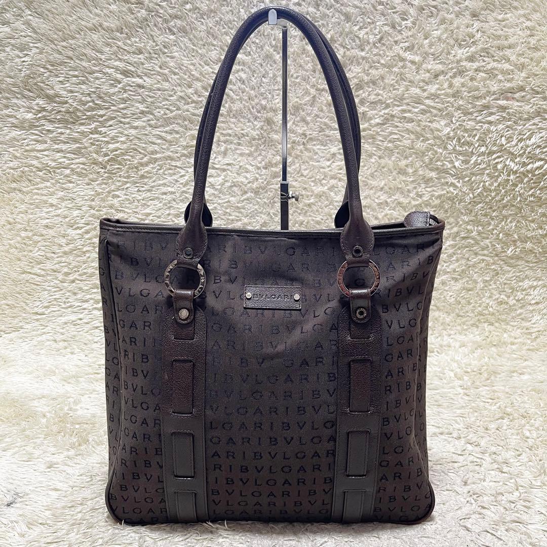【A4可】BVLGARI トートバッグ　レザー　キャンバス　ロゴマニア　ロゴ金具