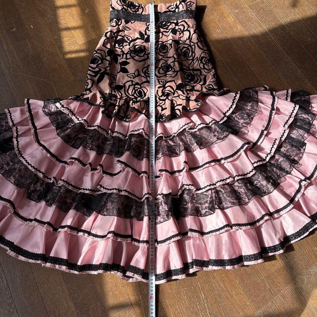 フラメンコ用ピンク黒花柄スカート