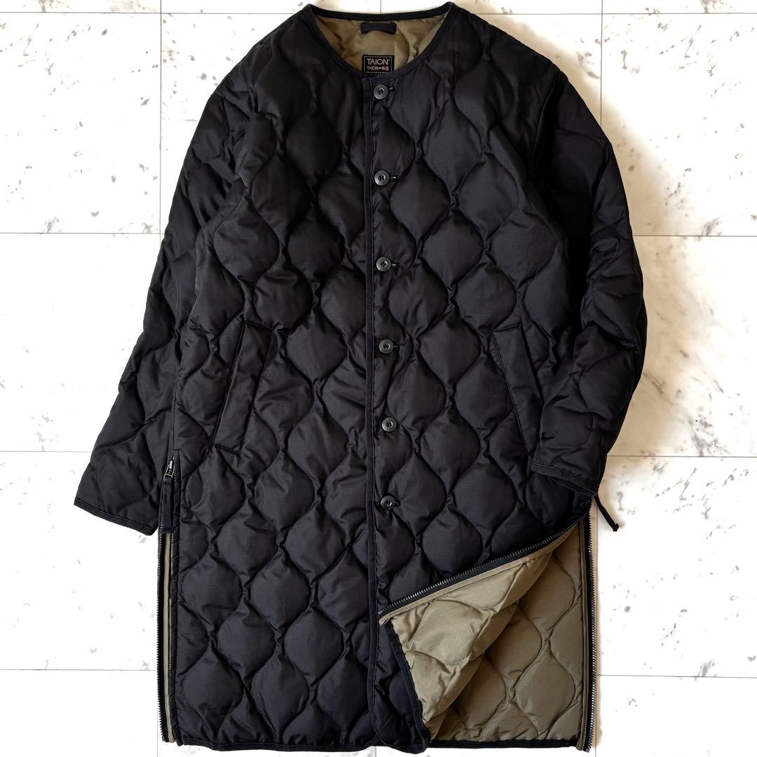 美品　ミリタリー クルーネックダウンコート ロング　ブラック　サイドスリット