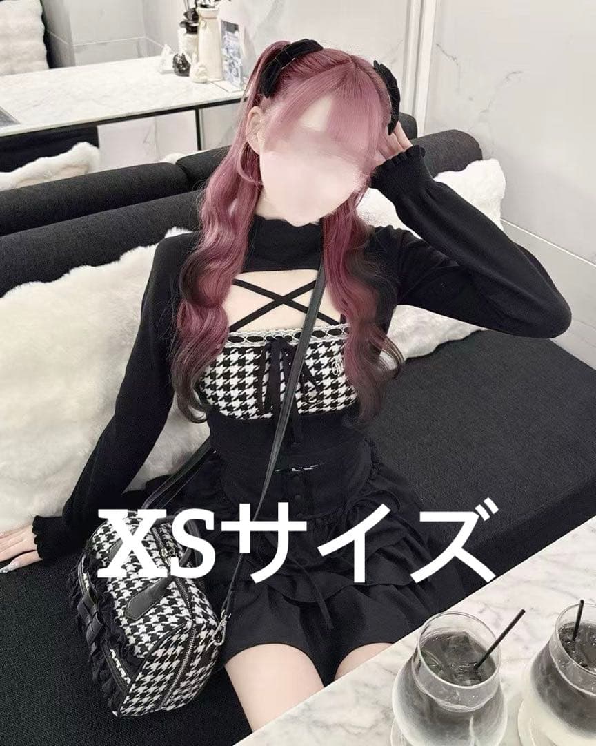 HONEYMEW 千鳥柄ハイネックアンサンブルトップス ブラック XS サイズ