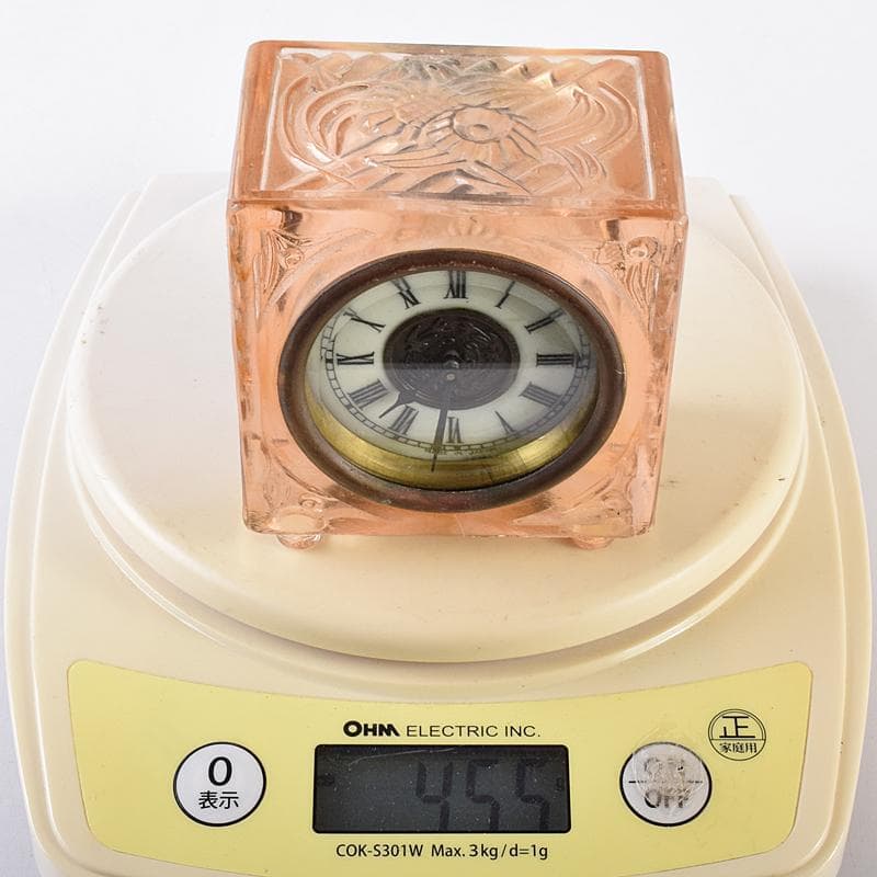 アンティーク　ガラス製　花刻　置時計　ゼンマイ式　ジャンク品　V　R8671