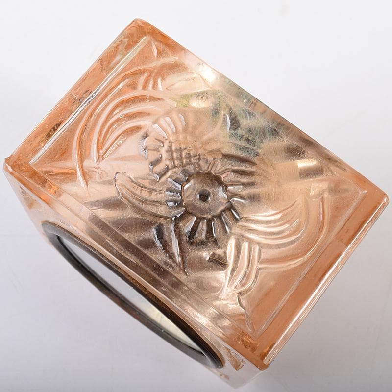 アンティーク　ガラス製　花刻　置時計　ゼンマイ式　ジャンク品　V　R8671