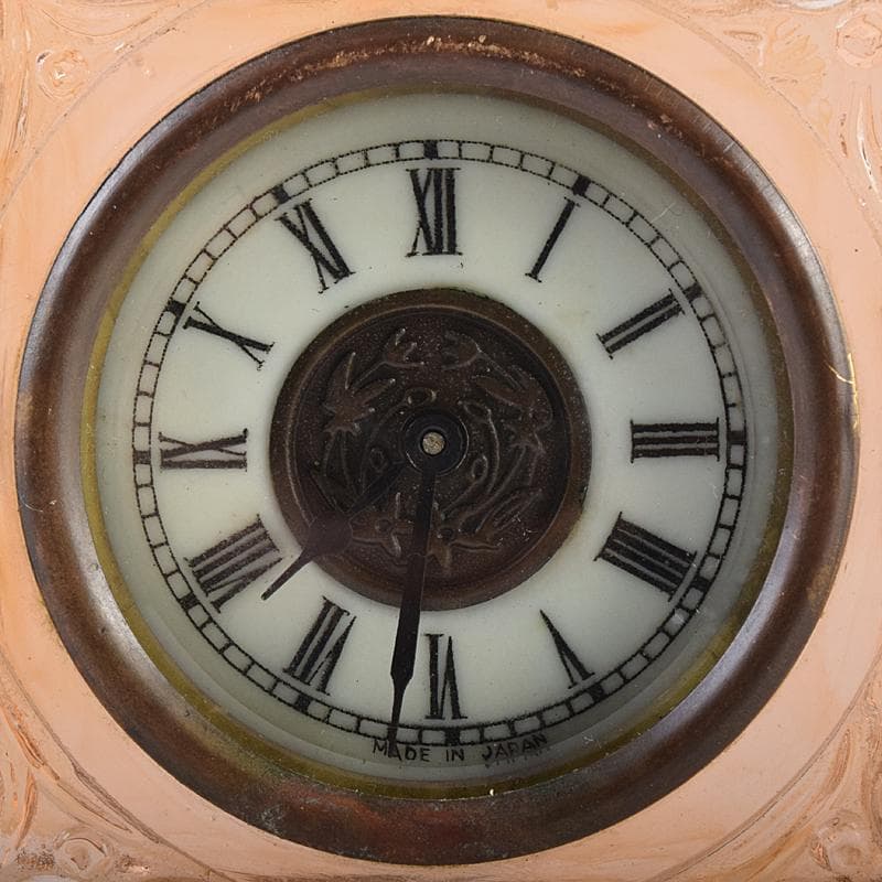 アンティーク　ガラス製　花刻　置時計　ゼンマイ式　ジャンク品　V　R8671